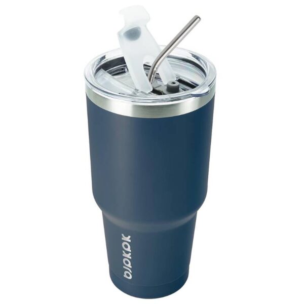 Copo térmico com tampa e canudo, aço inoxidável, 887 ml, Navy Blue